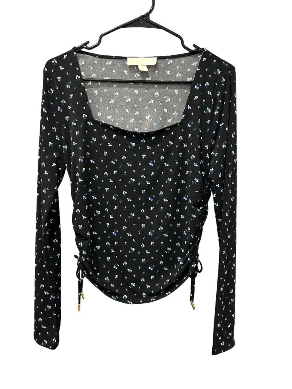 Michael Kors Womens Black Long Sleeve Floral Ruched Top Size M